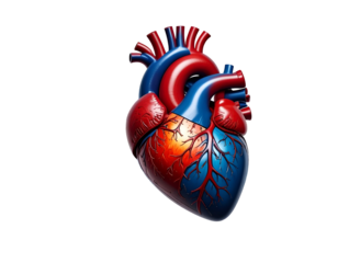 Anatomical heart, vibrant red and blue vessels, isolated on black