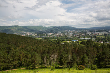 Panoramic view of the resort town of Kislovodsk and the Dzhinalsky ridge