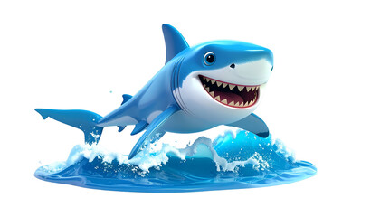 Cartoon shark leaps from ocean waves with a cheerful smile
