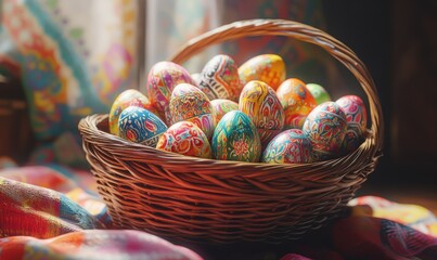 Vibrant wicker basket filled with colorful Easter eggs, soft morning light highlighting intricate patterns and pastel hues, cheerful springtime decor, high detail,