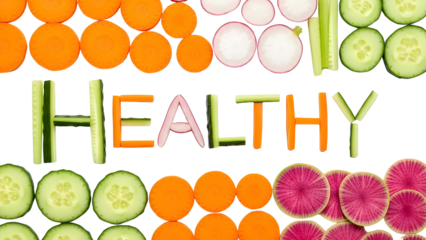 Colorful fresh vegetables spelling the word HEALTHY arranged on a white isolated background