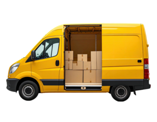 Open yellow van filled with cardboard boxes