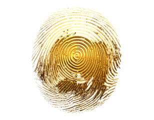 A golden, detailed fingerprint against a black background