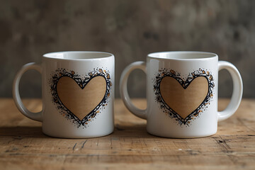 Couple coffee mugs with heart design