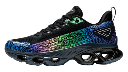 Futuristic black athletic running shoe isolated on white background with iridescent digital pattern
