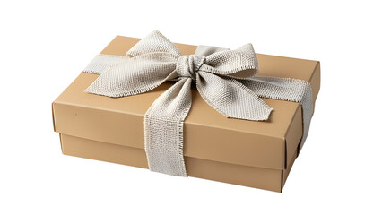 Brown kraft paper gift box tied with rustic fabric ribbon isolated on white background