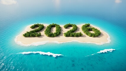 Aerial view of a tropical island with 2026 written in trees on a sandy beach surrounded by turquoise water