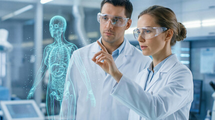Scientists analyzing digital human anatomy in lab