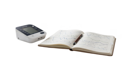 Blood pressure monitor placed on a kitchen table next to a notebook highlighting daily metabolic health tracking in a home environment isolated on white.