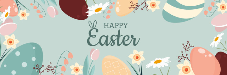 Cute colorful Easter greeting background with decorated eggs, spring flowers and bunny elements in soft pastel colors. Perfect for cards, posters, flyers, templates and festive holiday designs.