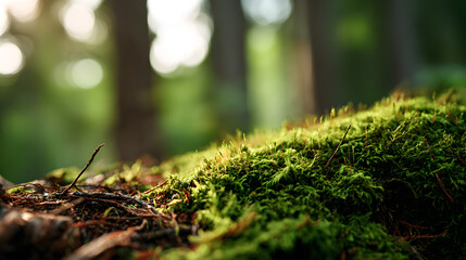 Sunlight filters through trees onto green moss covering forest ground in a quiet woodland scene during afternoon hours