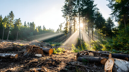 Sunlight shines through trees in a forest with cut logs in a clearing during the late afternoon
