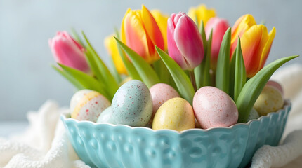 A vibrant spring centerpiece features colorful tulips in pink, yellow, and orange nestled among speckled Easter eggs and moss within a decorative scalloped turquoise bowl