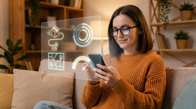 Woman using futuristic holographic interface on smartphone at home - Powered by Adobe