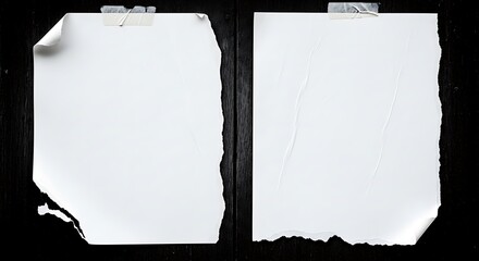 Two blank white paper sheets with curled corners and torn edges, taped to a dark background, ready for your custom content