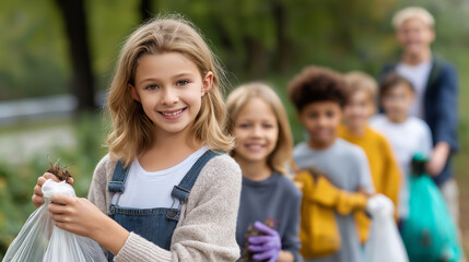 Group of happy children and young people cleaning up park faceless, holding plastic bags with trash, environmental stewardship, defocused background, with copy space