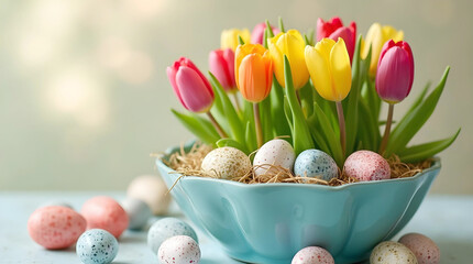 A vibrant spring centerpiece features colorful tulips in pink, yellow, and orange nestled among speckled Easter eggs and moss within a decorative scalloped turquoise bowl