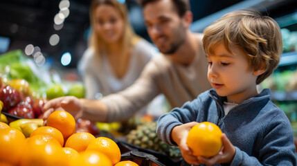 Family of three shopping for fruits in supermarket faceless, child holding orange, grocery shopping, family activity, defocused background, with copy space