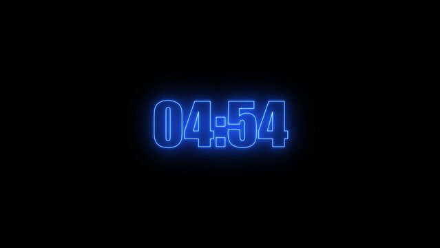 Blue neon digital clock numbers displaying 0454 glowing against a dark Generate title without using the word "Title:" before it. background time