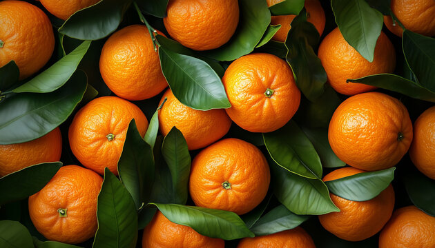Big pile of oranges with green leaves lies. Citrus fruits are fresh and juicy. Many mandarins at market