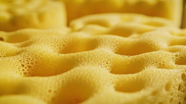 Yellow kitchen sponge closeup porous foam texture macro cleaning household absorbent yellow sponge closeup porous texture soft foam surface circular holes tactile organic pattern closeup macro