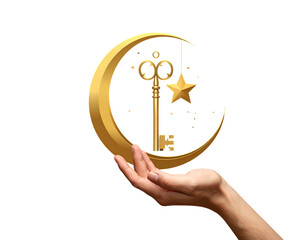 Gold key, star, and moon, held aloft. Black backdrop