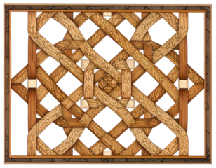 A detailed, intricate geometric weaving pattern, framed in a dark wood