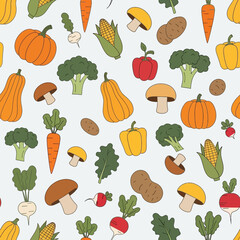 Seamless Pattern of Fresh Vegetables and Mushrooms on a Light Background. Vector Illustrations. EPS Editable
