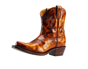 Richly detailed brown leather cowboy boot with intricate stitching