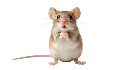 Cute Brown and White House Mouse Standing on Hind Legs with Paws Together Isolated on White Background
