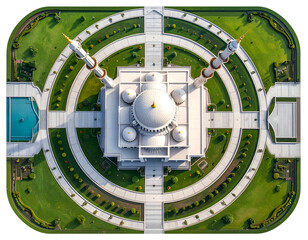 Aerial view of a grand white building with domes and minarets in manicured grounds