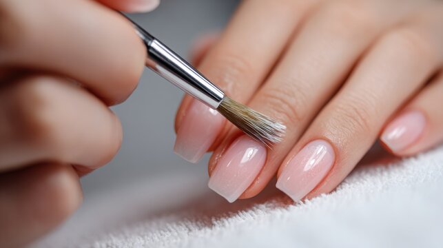 Medium view of nail artist sculpting artificial nails with acrylic powder and brush shaping customized length and curves for elegant longlasting results