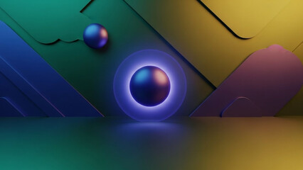 Abstract 3D composition with glowing spheres and angular geometric shapes in vibrant colors.