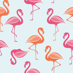 Obraz premium Seamless Pattern of Pink and Orange Flamingos on a Light Blue Background. Vector Illustrations. EPS Editable