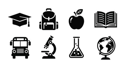 A collection of educational icons representing learning school science and global knowledge silhouette