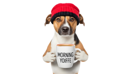 Cute Jack Russell Terrier Dog Wearing Red Beanie Holding Coffee Mug on White Background