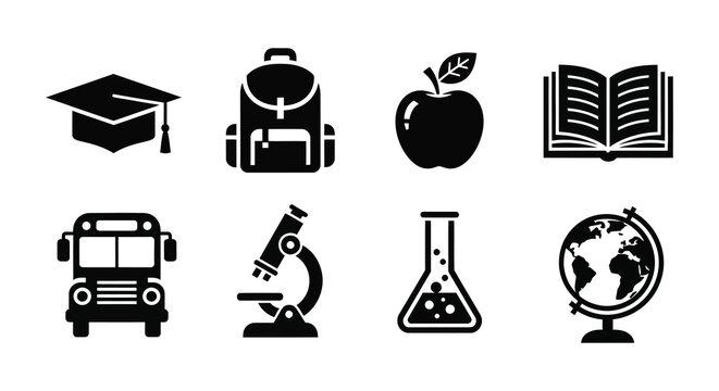 A collection of educational icons representing learning school science and global knowledge silhouette