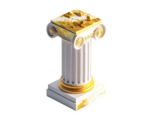 Classical column with gold accents and a scattering of golden material