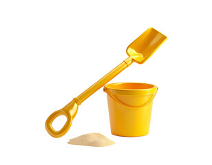Yellow toy shovel leans against a bucket, with sand below