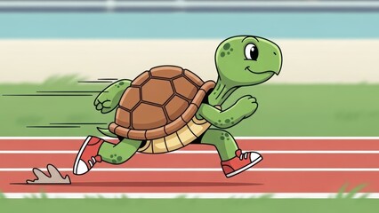 Turtle running on the track with red shoes