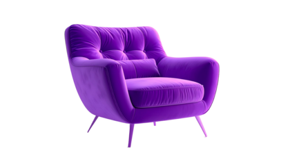 Luxurious, plush, violet armchair with pillow, isolated on black