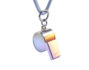 Shiny metal whistle pendant on a chain, hanging against black backdrop