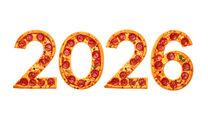 Numerals "2026" shaped as pepperoni pizza slices against black