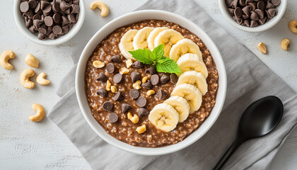 Fototapeta premium Chocolate oatmeal porridge with banana slices and chocolate chips in a white bowl. Healthy breakfast food concept