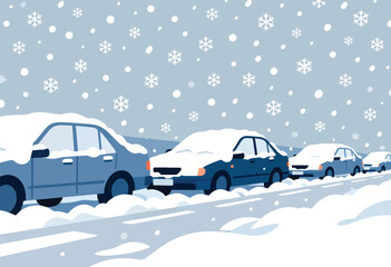 Cars buried in snow with snowflakes falling, winter scene