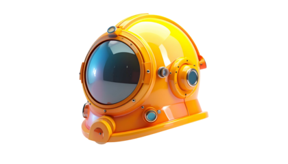 Bright orange and blue-lensed helmet, 3D rendered, on a black background