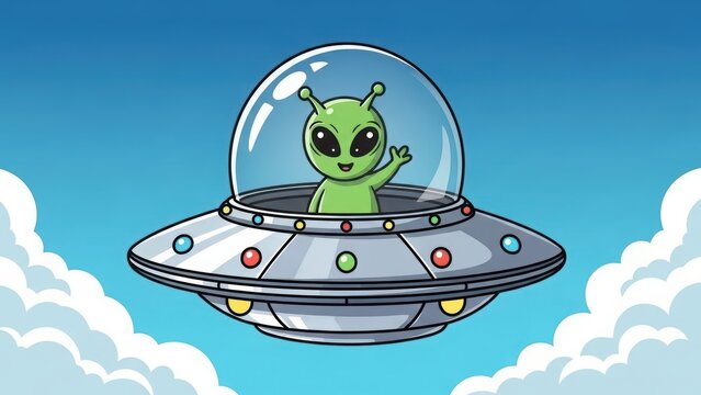Friendly alien waving from ufo in the sky