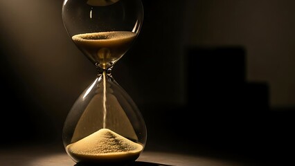 Classic Glass Hourglass Sand Timer With Pouring Sand On Dark Background.