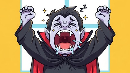 Vampire yawning widely with sharp fangs