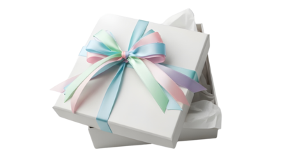 White gift box with pastel multicolored ribbon bow isolated on clean white background